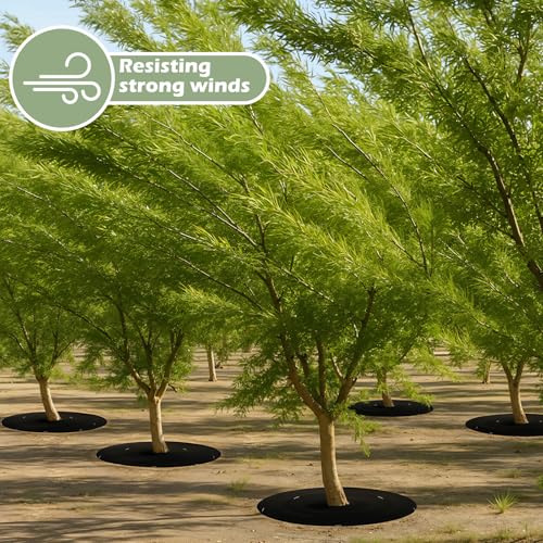 Tegeme 4 Pack 24.5 Inch Tree Ring with Self Adhesive and 8 Ground Pins, Degradable Protector Mat Reusable Non Woven Tree Mulch Ring Mat for Gardening Landscaping Weed Control Root Protection
