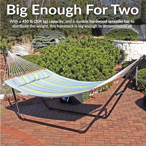 Sunnydaze Quilted Double Hammock for Outside with Spreader Bars and Pillow - 450 lb Capacity, 74x55 Inch Bed, UV Resistant, Quick Dry - Chains Included, Stand Sold Separately - Blue & Green - color: Blue and Green