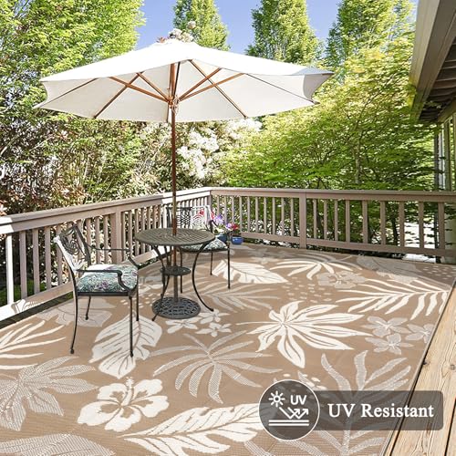 Pauwer Waterproof Outdoor Rug 8x10, Reversible Plastic Straw Patio Camping Rug, Indoor Outdoor RV Mat Carpet for Deck, Camper, Porch, Balcony, Backyard, Picnic, Floral Brown - color: Floral Brown, size: 8' x 10' (Rectangular)