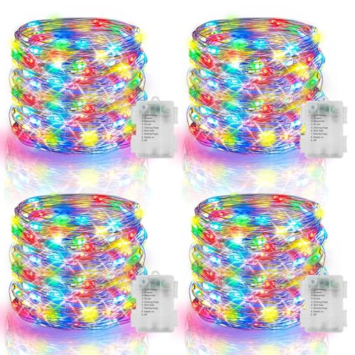 4 Pack Battery Operated Fairy Lights 16.4 Ft 50 LED Christmas Fairy Lights with Auto Timer 8 Modes, Waterproof Silver Wire Battery Twinkle Lights for Wedding Christmas Decor (Multicolor) - color: Multicolor-Silver Wire