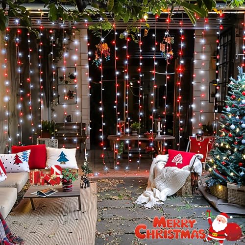 JMEXSUSS 300LED Red and White Christmas Curtain Lights with Remote, 9.8x9.8ft Christmas String Lights Plug in, 8 Modes Twinkle Hanging Fairy Lights for Bedroom Window Wall Porch Indoor Outdoor Decor - color: Red and White, size: 300 LED