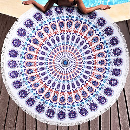 Benefeet Sox Beach Towel Large Round Mandala Pool Towels Tassels Microfiber Quick Dry Beach Blanket Throw Bohemian Roundie Swim Pool Circle Towel, 59 Inches - color: Multi Mandala, Purple Blue White