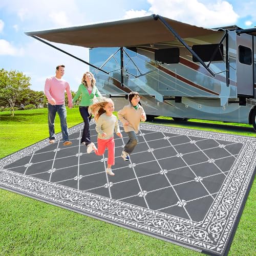 Reversible Mat Plastic Outdoor Rugs for Patios Clearance Waterproof Plastic Straw Rug Large Area Rug for Outdoor, Porch, Patio, RV,Camping,5x7Ft, Grey - color: Classic Grey, size: 5' x 7' (Rectangular)