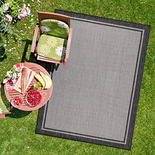 CAMILSON Indoor Outdoor Rug, 9x12 Bordered Gray Modern Area Rugs for Large Indoor and Outdoor Patios, Kitchen and Hallway Mats, Washable Porch Deck Outside Carpet (Bordered Grey, 9 x 12) - color: Bordered Grey, size: 9' x 12' (Rectangular)