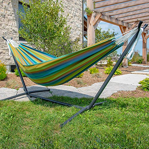 Vivere Brazilian Style Sunbrella Outdoor Double Hammock with Steel Stand, Lagoon - color: Lagoon