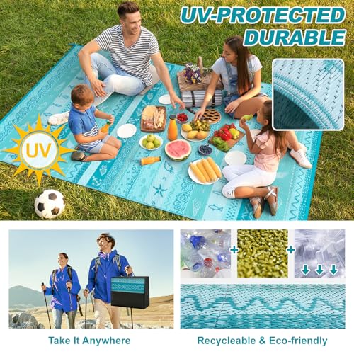 Lahome Outdoor Rug 8x10 Patio Waterproof, Reversible Outdoor Plastic Straw Rug for Camping, RV Patio Rugs Outside Large Carpet for Porch Deck Backyard Picnic(Blue/Multi,8'x 10') - color: Blue, size: 8'x10'