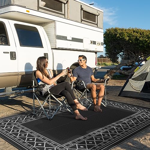 GENIMO Outdoor Rug 5'x8' Waterproof for Patio Decor, Reversible Outdoor Plastic Straw Rug Carpet, Camping Mats for Outdoor, RV, Backyard, Deck, Balcony, Picnic, Black & Grey - color: Black & Grey | Natural, size: 5' x 8' (Rectangular)
