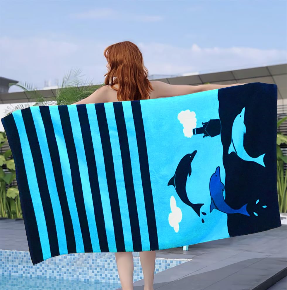 4-Pack Beach Towels 100% Cotton Extra Large XL 34"x63" Soft Absorbent Velour Throw Blanket Gift for Bath Holiday Swimming Pool Sports Camping Picnic Yoga, Dolphin Shark Vessel. - color: Shark Dolphin Stripe, size: 63.00"x34.00"