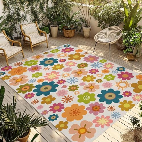 Outdoor Rug, Colorful Flower Boho Style Indoor Area Rug Outdoor Carpet RV Camping Rugs 5x8ft Retro Flowers Outside Mat for Patio Picnic Porch Deck Balcony Backyard - size: 5' x 8' (Rectangular)