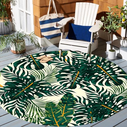 Green Gold Floral Plants Montera Palm Tropical Rug for Patio Deck Balcony Porch Camping Waterproof Non Skid Outside Carpet 3' Hallway Yard Indoor Outdoor Area Rug - color: C, size: 3ft