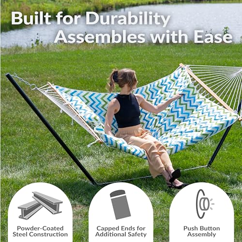 Sunnydaze Rope Hammock with Stand for Outside - Heavy Duty Freestanding Portable Outdoor Hammock Set with Quilted Pad, Pillow, and 12-Foot Steel Frame - 275 lb Capacity - Blue & Green Chevron - color: Blue & Green Chevron