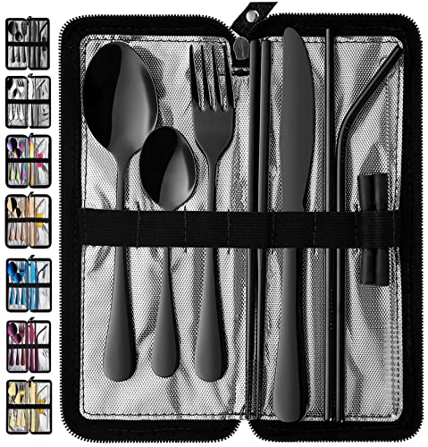 VANDBAO Portable Travel Utensils, Reusable Silverware with Case for Fixing Tableware, 9 Pieces Stainless Steel Stable Flatware Set, Camping Picnic Cutlery Set (Black Set) - color: Black Set, size: 9 Pieces - Medium