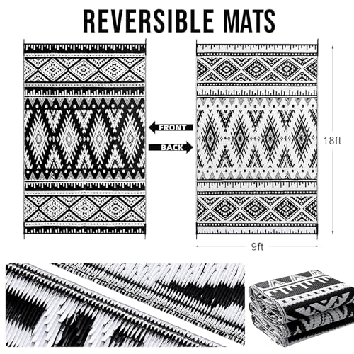 OLANLY Outdoor Rug Waterproof 9x18 ft, Reversible Outdoor Plastic Straw Rug, Boho Patio Rug, Indoor Outdoor Carpet, RV Mat Outside for Patio, Camp, Picnic, Balcony, Deck, Backyard, Black & White - color: Black & White, size: 9' X 18' (Rectangular)