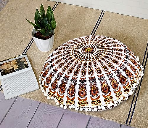 Indian Consigners Floor Cushion Covers 22" Round Mandala Ombre Zipped Ottoman Cover - color: Yellow-brown