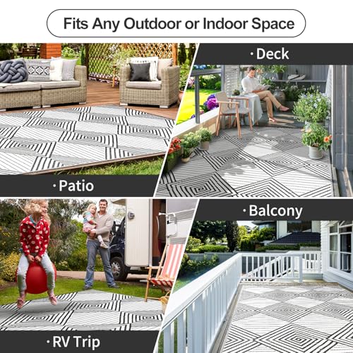 DiiKoo Waterproof Outdoor Rug 8x10ft, Foldable Reversible Plastic Straw Mat for Patio RV Deck Porch Backyard Balcony Camping Picnic Beach Indoor Outdoor, Black&White