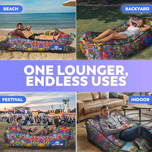 Chillbo Inflatable Couch – Unique Designs - No-Pump Setup, Ripstop Polyester, Stability Pegs, Fun Prints - Portable Air Inflatable Lounger for Beach, Camping, Festivals, and Tailgating - color: 60s Psychedelic, size: X-Large