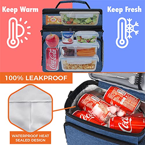 opux Insulated Lunch Bag for Men Women, Large Dual Compartment Cooler Bag, Soft Two Deck Lunch Box for Work School Picnic, Leakproof Lunch Tote with Shoulder Strap for Kid Adult (Navy, Double Deck) - color: Heather Navy, size: Double Deck