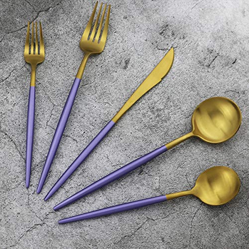 5-Piece Matte Gold Silverware Set, 18/10 Stainless Steel Satin Finish Flatware, Kitchen Utensil Set, Dishwasher Safe - color: Purple Handle Gold, size: Service for 1
