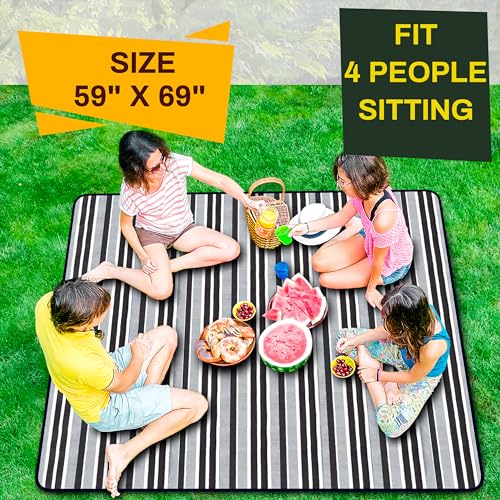 PortableAnd Extra Large Picnic & Outdoor Blanket 3 Layers for Water-Resistant Handy Mat Tote Spring Summer Black and White Striped Great for The Beach,Camping on Grass Waterproof Sandproof - color: Black & White Stripe
