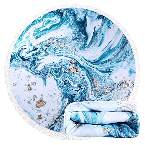 Benefeet Sox Beach Towel Large Round Mandala Pool Towels Tassels Microfiber Quick Dry Beach Blanket Throw Bohemian Roundie Swim Pool Circle Towel, 59 Inches - color: Blue Marble Liquid Quicksand