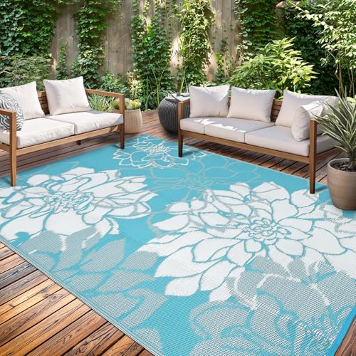 GarveeHome Outdoor Rug for Patio Clearance 9x12 Reversible Outdoor Plastic Straw Rug Tropics Floral Patio Rugs Indoor Outdoor Carpet RV Mat for Deck Backyard Patio RV Camping Beach, Light Blue - color: Floral|light Blue, size: 9' x 12' (Rectangular)