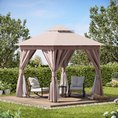 LAUSAINT HOME 8'x8' Outdoor Patio Gazebo, Heavy Duty Party Tent & Shelter with Double Roofs, Mosquito Nettings and Privacy Screens for Backyard, Garden, Deck (Khaki) - color: Khaki, size: 8'x8'