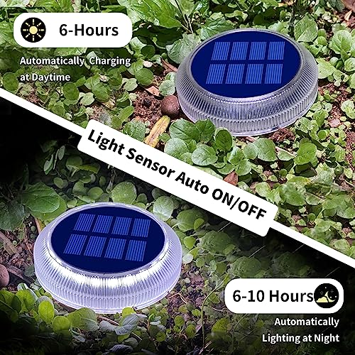 DetarZinLED Solar Deck Lights Outdoor Waterproof, 6 Pack White Round Deck Lights Solar Powered, Flat Stick on Ground Disc Light for Outdoor Pathway Driveway Step Yard Dock Walkway Patio - size: 6pcs White Round