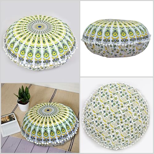 Indian Consigners Floor Cushion Covers 22" Round Mandala Ombre Zipped Ottoman Cover, Boho Puff Cover Pouffe - color: Yellow-green-blue