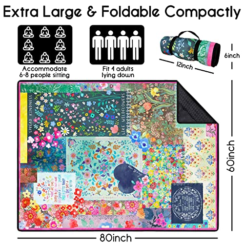 Picnic Blankets Waterproof Foldable Extra Large,80"x 60" Outdoor Beach Blanket Waterproof Sandproof,3-Layer Lightweight Handy Mat Tote Picnic Camping Rugs for Outside Your Rv(Boho Flowers) - color: Flower1, size: 5' X 6'8" (Rectangular)