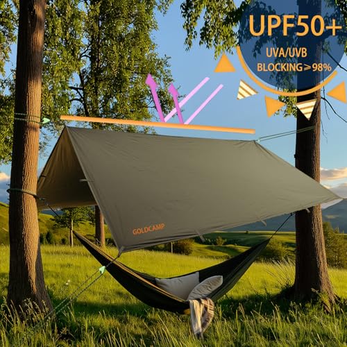GOLDCAMP Waterproof Camping Tarp，70D Nylon 10X13.2ft Hammock Rain Fly ，UV 50+ and PU15000mm Tent Tarp Shelter Canopy，Heavy Duty Multifunctional Sun Shade Essentials for Hiking (120''X120'') - size: 120''X120''