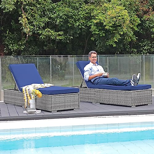 Patiorama Outdoor Patio Chaise Lounge Chair, Elegant Reclining Adjustable Pool Rattan Chaise Lounge Chair with Cushion, Grey PE Wicker, Steel Frame, for Deck, Poolside, Backyard (Blue) - color: Blue