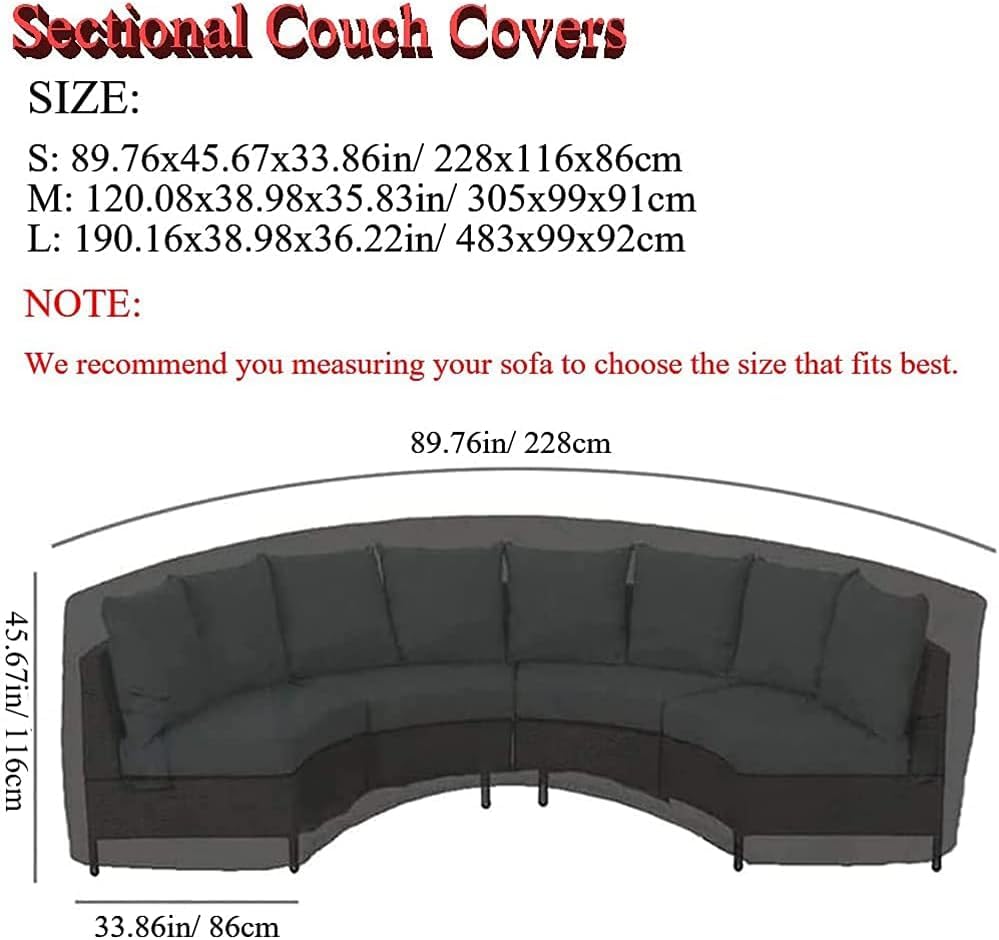 Curved Sofa Cover Outdoor Couch Sectional Protector Waterproof Half Moon Sofa Set Cover with Windproof Elastic Cord for Garden Lawn Indoor Black (89.7x45.6x33.8in/228x116x86cm) - size: 89.7x45.6x33.8in/228x116x86cm