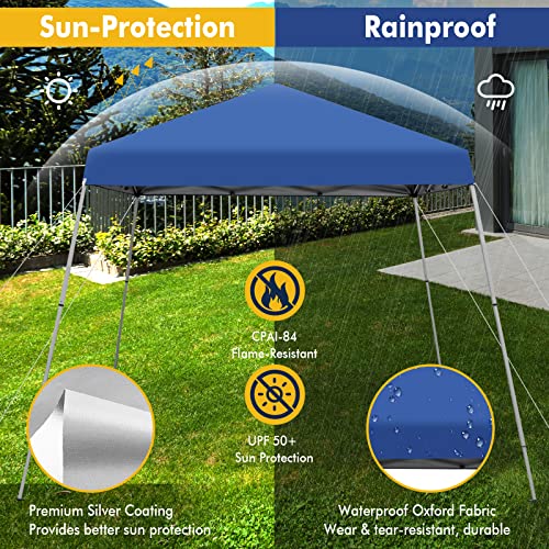 Tangkula 10x10 Ft Pop Up Canopy, Slanted Leg Outdoor Canopy Tent with Center Lock, UPF50+ Sun Protection, 4 Stakes, 8 Ropes, Carrying Bag, 1 Person Setup Instant Tent Shelter for Camp, Beach, Patio - color: Blue