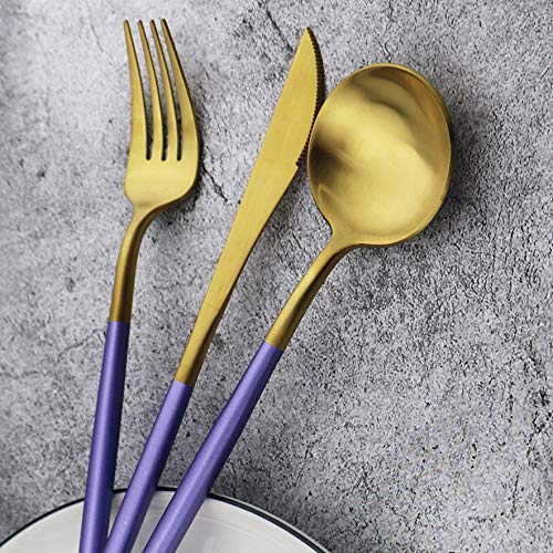 5-Piece Matte Gold Silverware Set, 18/10 Stainless Steel Satin Finish Flatware, Kitchen Utensil Set, Dishwasher Safe - color: Purple Handle Gold, size: Service for 1