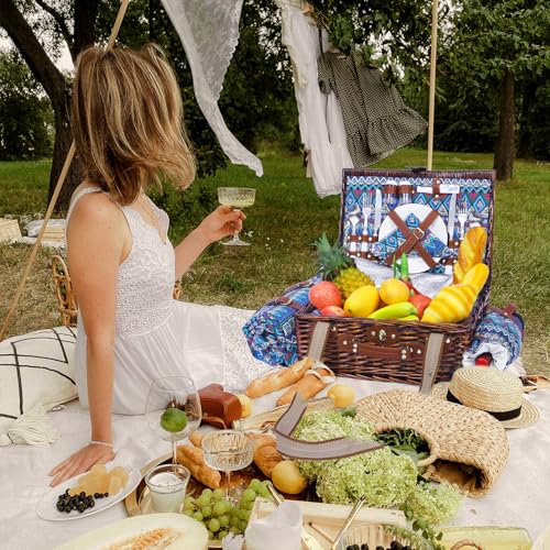 Neti Neti Wicker Picnic Basket for 2 Boho with Insulated Cooler & Waterproof Blanket – Large Willow Picnic Hamper for Outdoor, Camping, Beach, Romantic Dates, Valentine’s Day - color: Boho 2