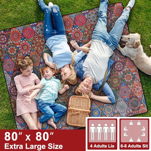 80x80" Picnic Blankets Waterproof Beach Blanket Outdoor Sandproof Foldable Park Lawn Grass Concert Mat Portable Tent Rugs Camper Inside Outside Camping Gifts Accessories Road Trip Necessities - color: Red Bohemian, size: 6'8" x 6'8" (Square)