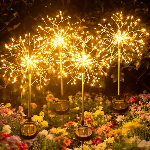 Solar Garden Lights Outdoor Yard Decorations, 4 Pack 150Leds Pathway Light, Fairy Firework Stake Lights for Garden, Patio, Pathway, Flowerbed Gold Color - color: Golden, size: 4 Pack