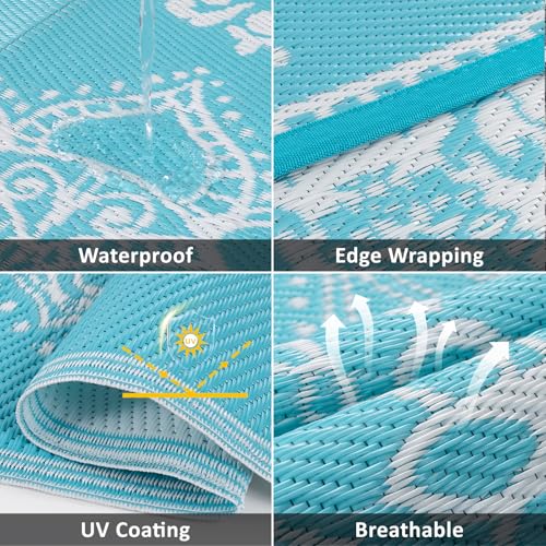 Pauwer Waterproof Outdoor Rug 6x9, Reversible Plastic Straw Patio Camping Rug, Indoor Outdoor RV Mat Carpet for Deck, Camper, Porch, Balcony, Backyard, Picnic, Floral Teal - color: Floral Teal, size: 6' x 9' (Rectangular)