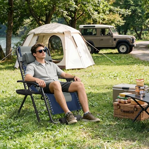 Amopatio Zero Gravity Reclining Patio Chair XL Foldable Lounge Chair with Removable Cup Holder/Headrest/Footrest 500LBS Capacity Portable for Outdoor Patio Pool Backyard,Blue-Gray - color: Blue-gray, style: 29in-1pc