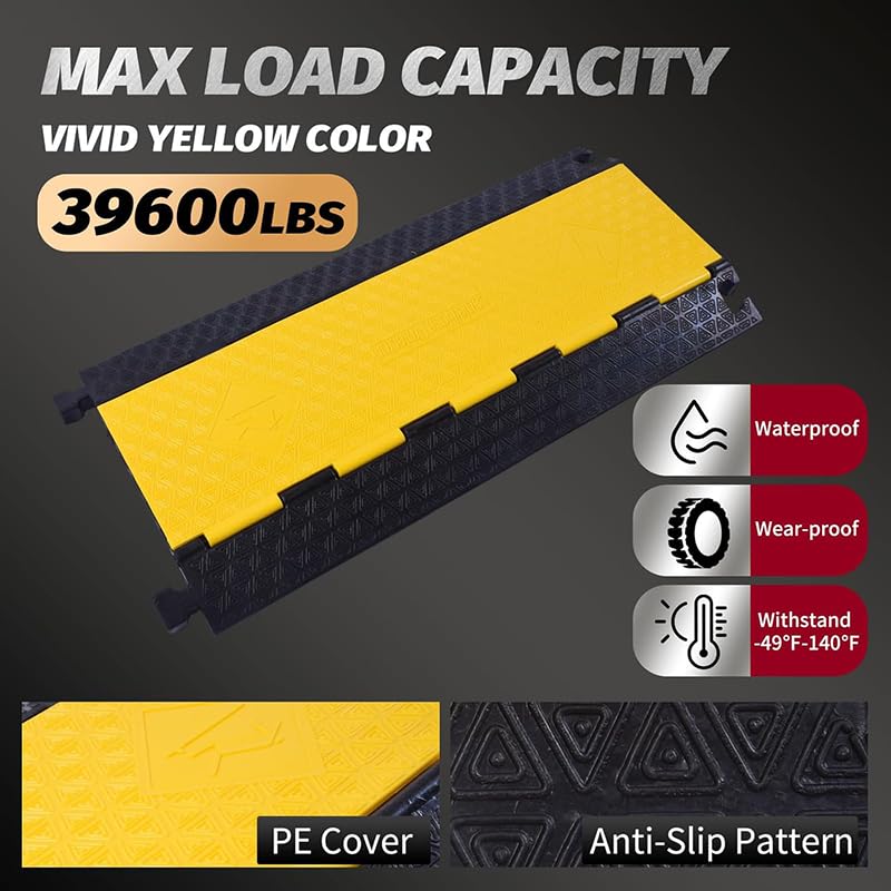 2Pack 39600lbs Load Capacity Cable Ramps Cable Protector Ramp Heavy Duty Rubber Hose Protector Ramp Speed Bump Outdoor (5 Channels, Yellow & Black - size: 5 Channels-2PC