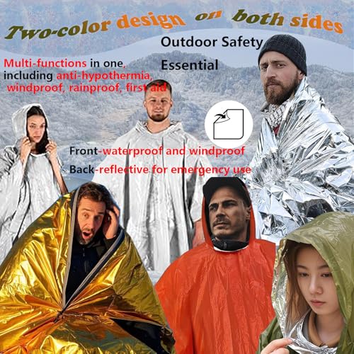 4X Surviv`al Gear kit, Emergency Poncho (2pc), Emergency Space Blanket (2pc), Mylar Liner - Retains 92% Body Heat, Outdoors, Hiking, Camping, Bug Out Bag, Marathons or First Aid, Car (G + O) - color: Multicolor