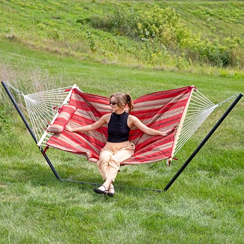 Sunnydaze Rope Hammock with Stand for Outside - Heavy Duty Freestanding Portable Outdoor Hammock Set with Quilted Pad, Pillow, and 12-Foot Steel Frame - 275 lb Capacity - Awning Stripe - color: Awning Stripe