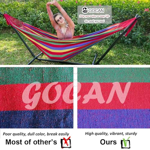 GOCAN Brazilian Double Hammock 2 Person Extra Large 220x160cm Total Length 330cm Load 500lb Canvas Cotton Hammock for Patio Porch Garden Backyard Lounging Outdoor and Indoor(Rainbow) XXL - color: Rainbow Stripe, size: XX-Large