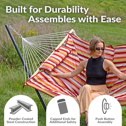 Sunnydaze Rope Hammock with Stand for Outside - Heavy Duty Freestanding Portable Outdoor Hammock Set with Quilted Pad, Pillow, and 12-Foot Steel Frame - 275 lb Capacity - Tropical Orange - color: Tropical Orange