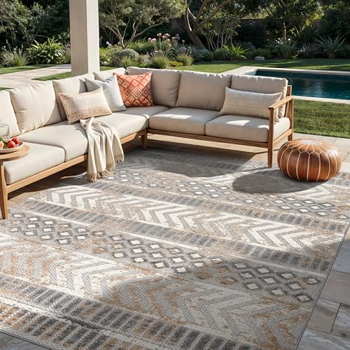 Rugshop Distressed Geometric Indoor/Outdoor Beige Area Rug Modern Tribal Stripe, Durable Stain Resistant Perfect for Patio, Backyard, Deck and Outdoor Lounge 5' x 7' - size: 5' x 7' (Rectangular)