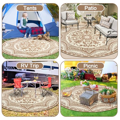 Capslpad 5x5 Floral Outdoor Rug for Patio Clearance Reversible Mat Round Portable Plastic Straw Carpet Waterproof Boho Indoor Outside Area Rugs for RV Camping Picnic Balcony Beach Deck, Light Beige - color: Light Beige, size: 5' (Round)