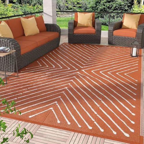 Garvee 9x12 Reversible Extra Large Outdoor Patio Rug, Waterproof Big Camping Mat for RV, Beach, Balcony, Backyard, Deck, Porch, Garden, Foldable Striped Outdoor Carpet, Orange&White. - color: Orangewhite, size: 9' x 12' (Rectangular)