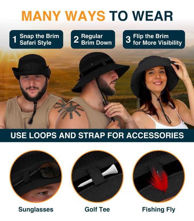 GearTOP Wide Brim Sun Hat for Men & Women, UPF 50+ Fishing Hat with Detachable Neck Flap & Face Cover Gardening Boonie Sunhat - color: Black Wanderer