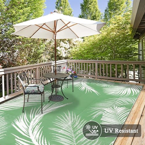 Pauwer Waterproof Outdoor Rug 6x9, Reversible Plastic Straw Patio Camping Rug, Indoor Outdoor RV Mat Carpet for Deck, Camper, Porch, Balcony, Backyard, Picnic, Leaf Green - color: Leaf Green, size: 6' x 9' (Rectangular)