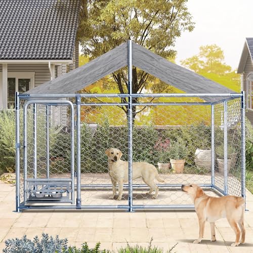 7.5ft×7.5ft Outdoor Large Dogs Kennels Enclosure - Outside Dog Cage with Waterproof roof Cover, Galvanized Steel Dogs House Fence Playpen with Rotating Feeders for Patio Backyard Farm Gardens - size: 90"D×90"W×63"H- w/rotating feeders